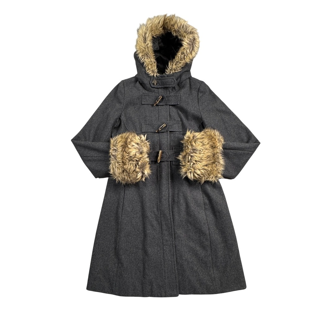 Elevenses Anthropologie Gray Wool Blend Faux Fur Trim Toggle Coat Parka Size 10
